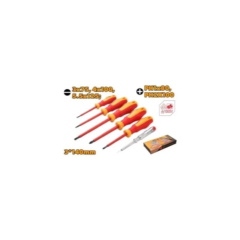 Set izolovanih VDE odvijača, 6 dijelova 3x75, 4x100, 5.5x125, PH1x80, PH2x100, 3x140mm